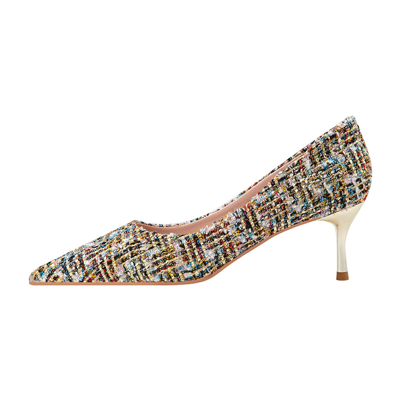 869-15 European and American fashion contracted wind grid high heel with shallow mouth pointed sexy nightclub show thin single shoes for women's shoes