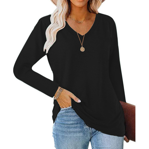 Autumn and winter European and American women's blouse long-sleeved V-neck elegant casual solid color T-shirt loose outer coat