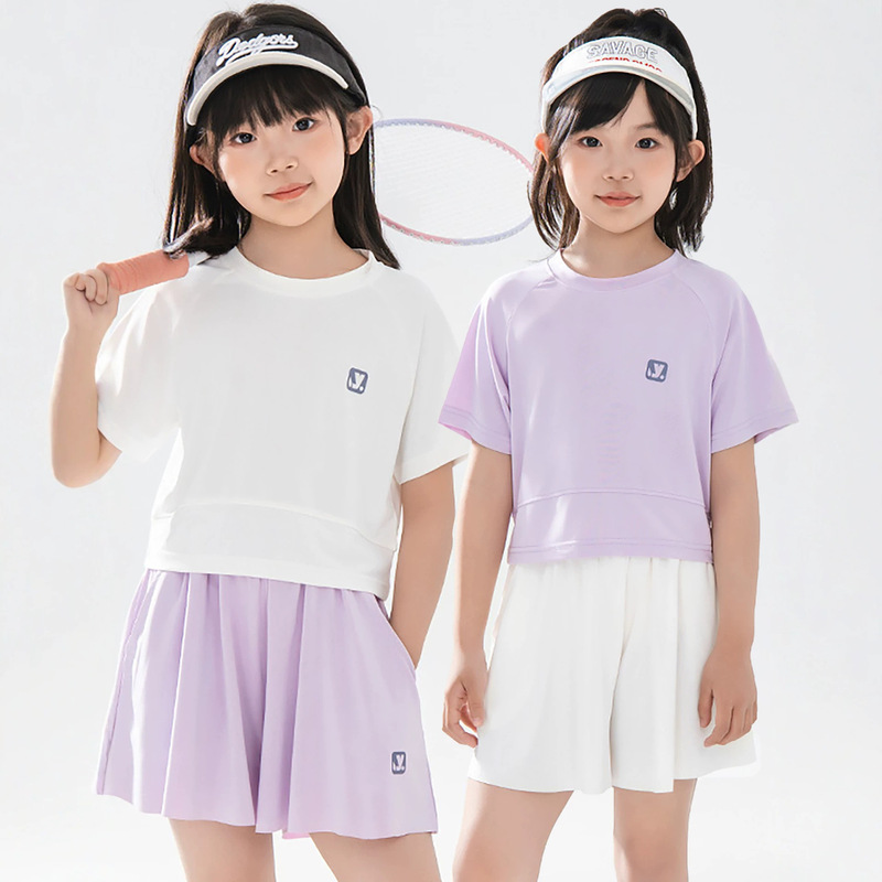 Girls' Sports Quick-Drying Short-Sleeved Suit, Summer Clothing for Middle-Aged and Older Girls, Badminton Clothing, Summer Clothing, Children's Training Clothing