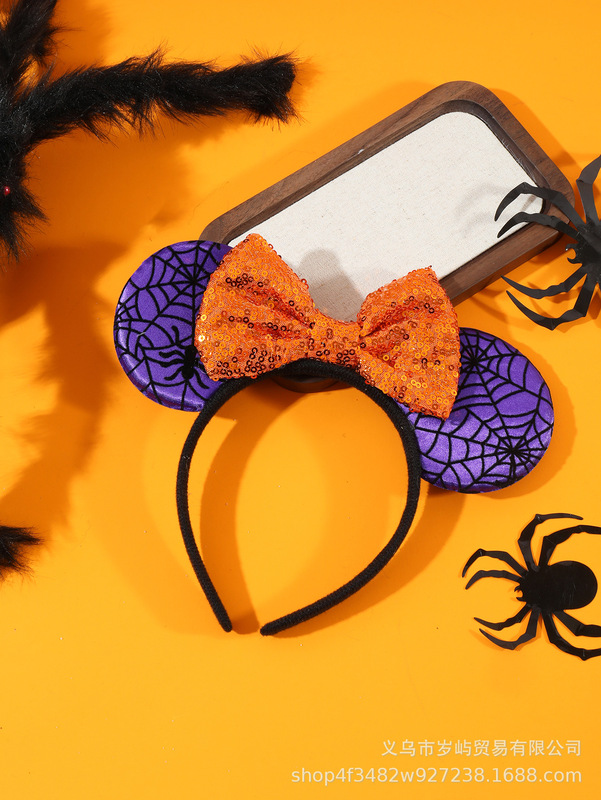 ハロウィンプリントクモの巣カボチャサテンかわいいQバージョンミッキー耳リボンヘッドバンドヘアアクセサリー|undefined