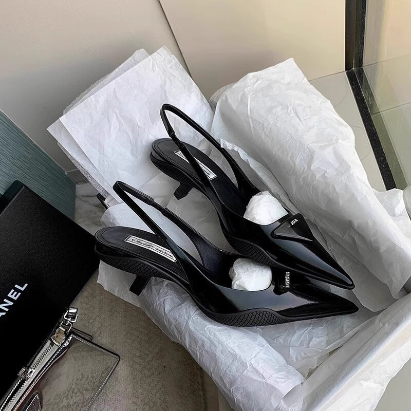 P Brand Triangle Logo Kitten Heel Pointed Toe Sandals for Women, Closed-Toe Backless French High Heels, New Model for Spring/Summer 2026
