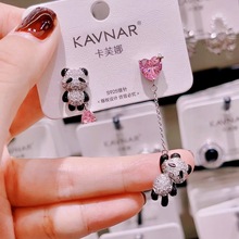 KFN时尚耳环精致爱心粉锆石动物不对称熊猫画油长款森系清新可爱