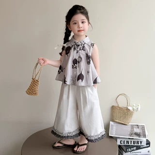 女童夏季背心套装新款2026韩版无袖衬衫上衣宝宝洋气阔腿裤两件套