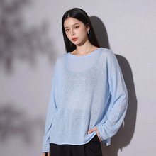 【呼吸感】天丝一字领长袖套头针织衫女蓝色薄款微透宽松显瘦罩衫
