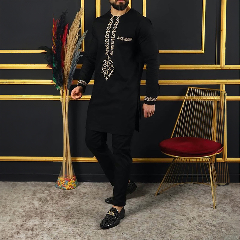 2025 Foreign Trade Men's Black African Style Casual Ethnic Style Embroidery Wedding Banquet Men's Long Sleeve suit in stock
