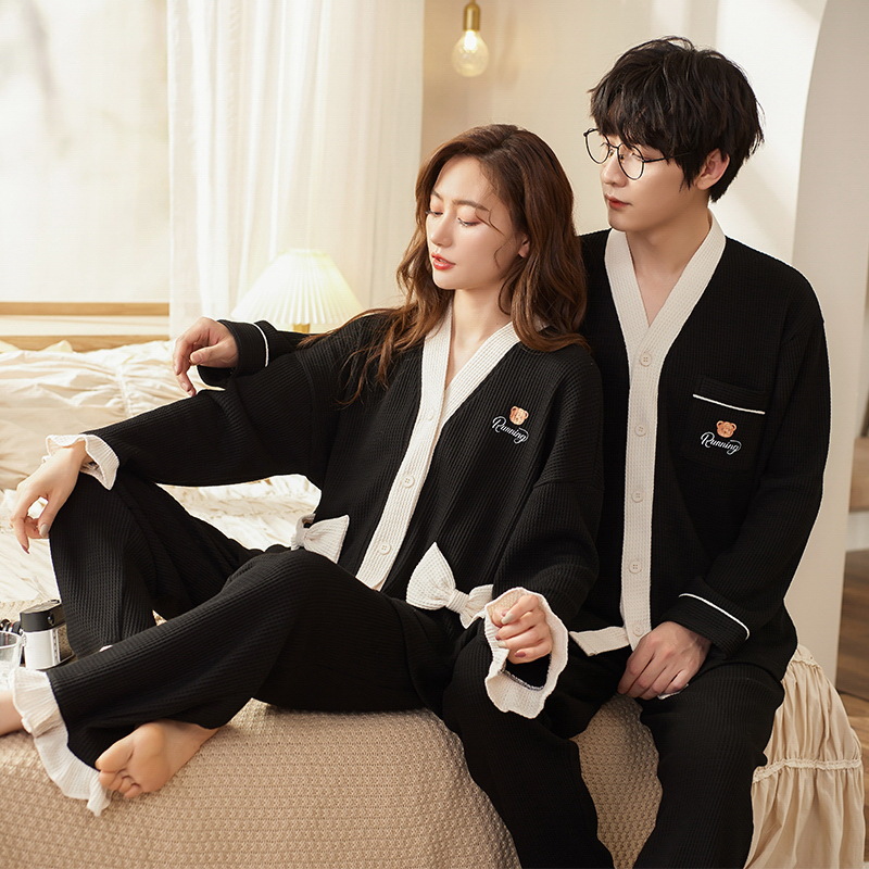 Pijamas de pareja Jiaocaimeng, algodón para primavera y otoño, nuevo estilo 2025, ropa de casa informal para hombre y mujer, estilo europeo y americano