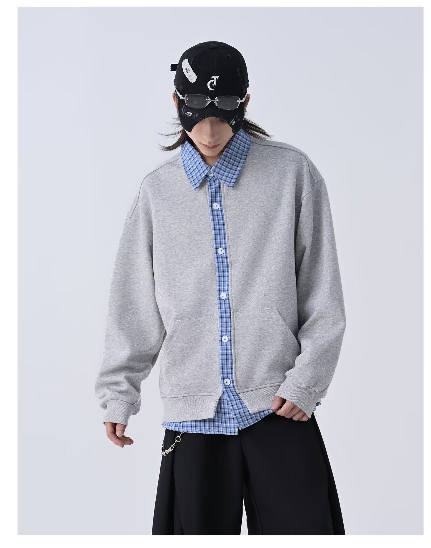 Men's Cardigan Sweatshirt Retro Checkered Patchwork Lazy Style_voghion.com
