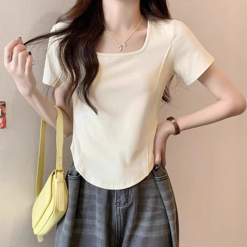 Ins Pure Desire Summer Square Collar Bone Short Sleeve T-Shirt for Women, Fitted Hooded Slimming Casual Base Top for Trendy Women