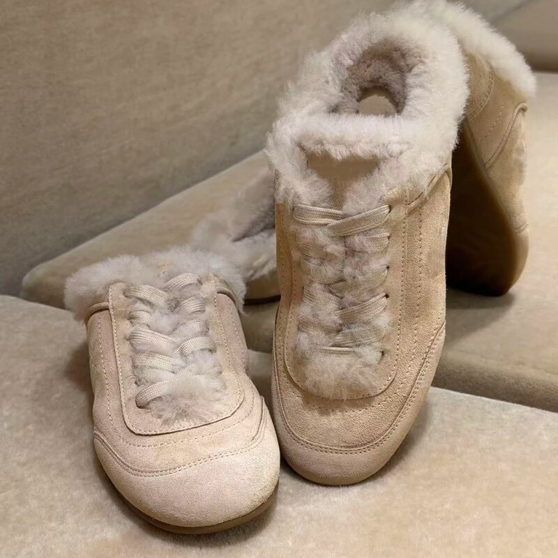 2026 new niche retro round-toe lace-up fleece-lined plush cotton shoes for women, casual sports height-increasing closed-toe half slippers 2026 new niche retro round-toe lace-up fleece-lined plush cotton shoes for women, casual sports height-increasing closed-toe half slippers