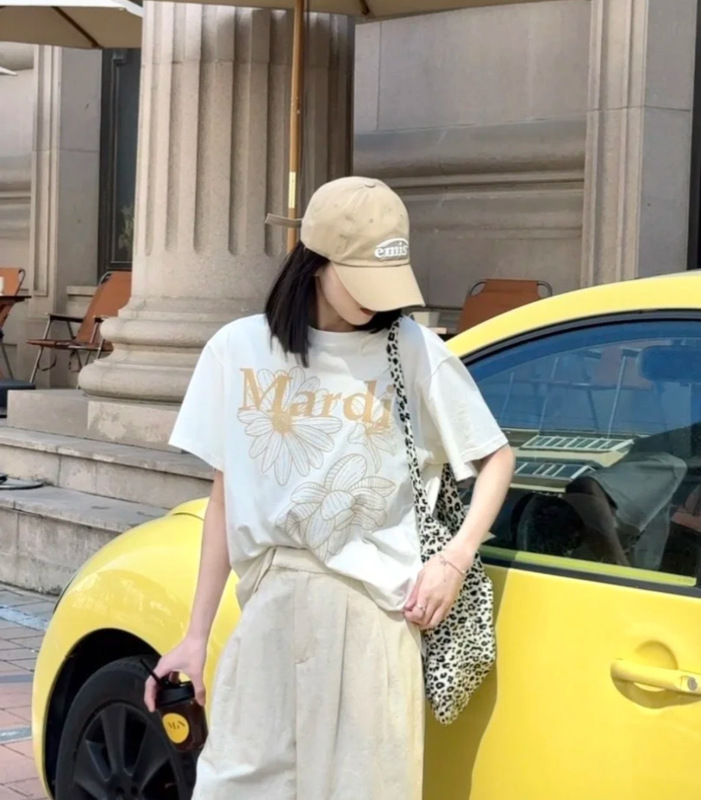 韓国マルディトレンディな半袖フラワープリントゴールドハイシルバー夏ラウンドネック純綿ルーズTシャツトップトレンディ|undefined