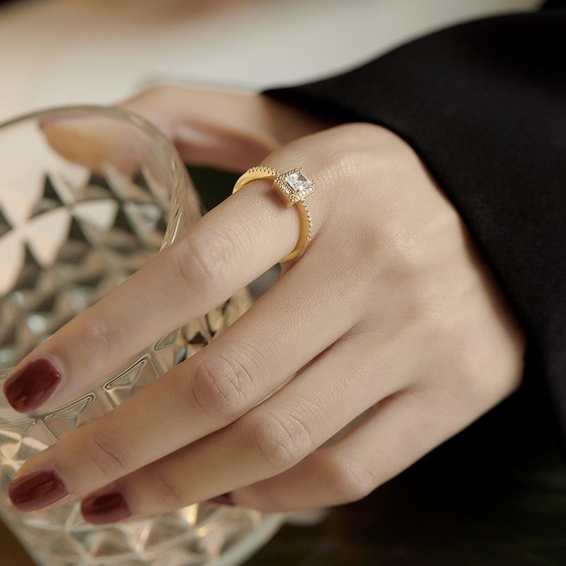 Light luxury copper-plated zircon ring, feminine and high-end, open adjustable super flash ring, simple popular ins style
