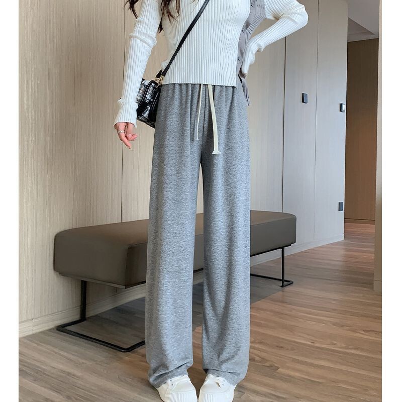 奶昔毛巾软糯阔腿裤女秋冬新款休闲高腰直筒裤显瘦针织拖地裤子|undefined
