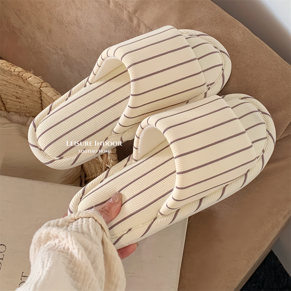 Korean Style Simple Striped Home Floor Shoes Japanese Style Cotton and Linen Soft Sole Four Seasons Universal Air-conditioned Room Slippers Women's Ins Trendy