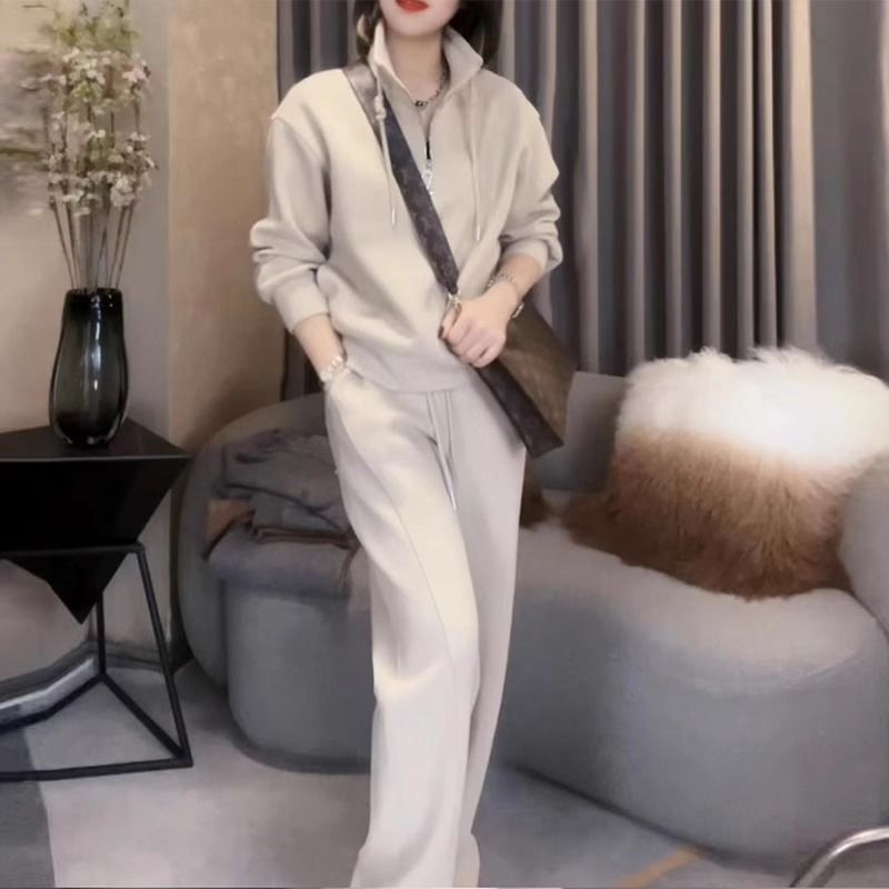 洋气减龄休闲运动套装女秋冬大码显瘦欧货半拉链卫衣阔腿裤两件套|undefined