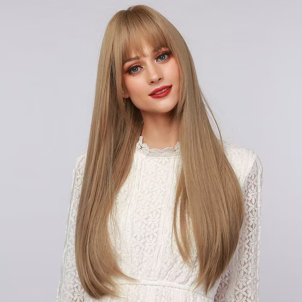 Peluca de pelo largo de las mujeres estilo europeo y americano cubierta de cabeza completa natural marrón recto flequillo pelo moda mullido cubierta de pelo superior completa