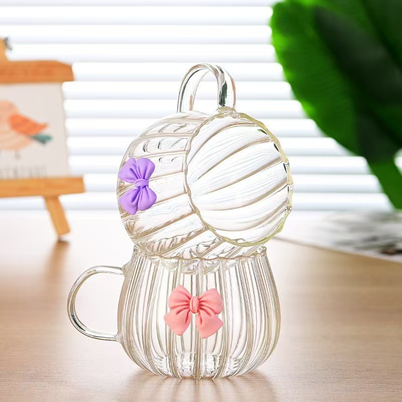 Bow Simple Heat-Resistant Glass Cute Big Belly Vertical Pattern Cup Home Fashion Simple Coffee Cup Pumpkin Milk Tea Cup