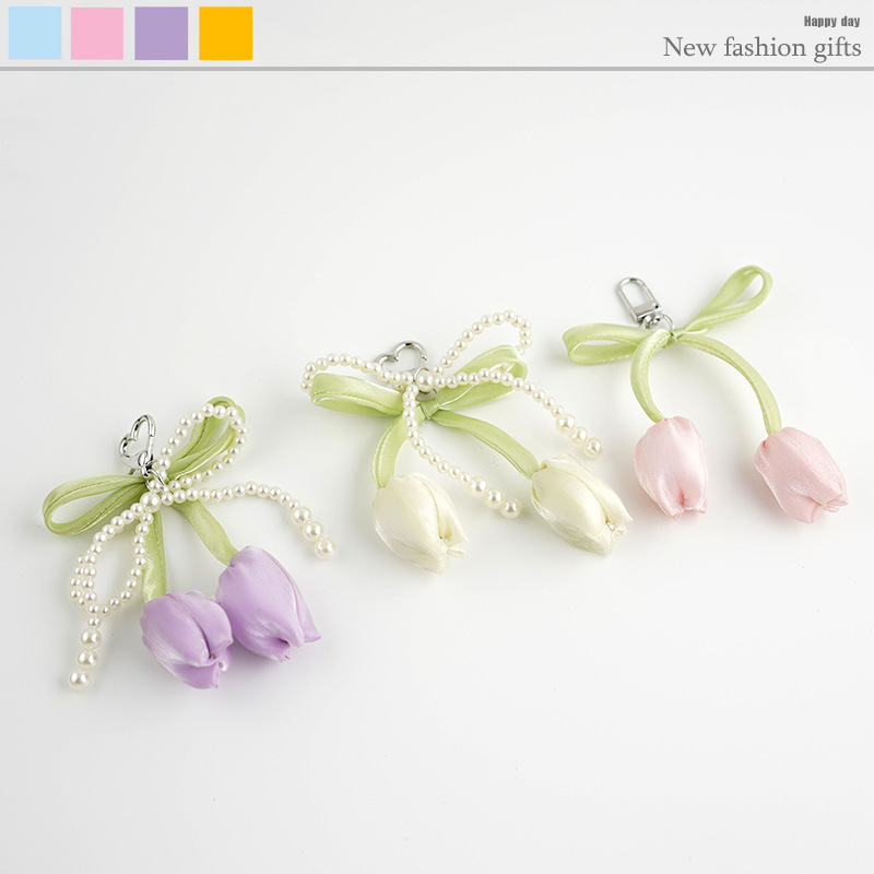 Hot-selling All-match Tulip Pearl Pink Ribbon Bow Purple Pendant Love Keychain Bag Pendant