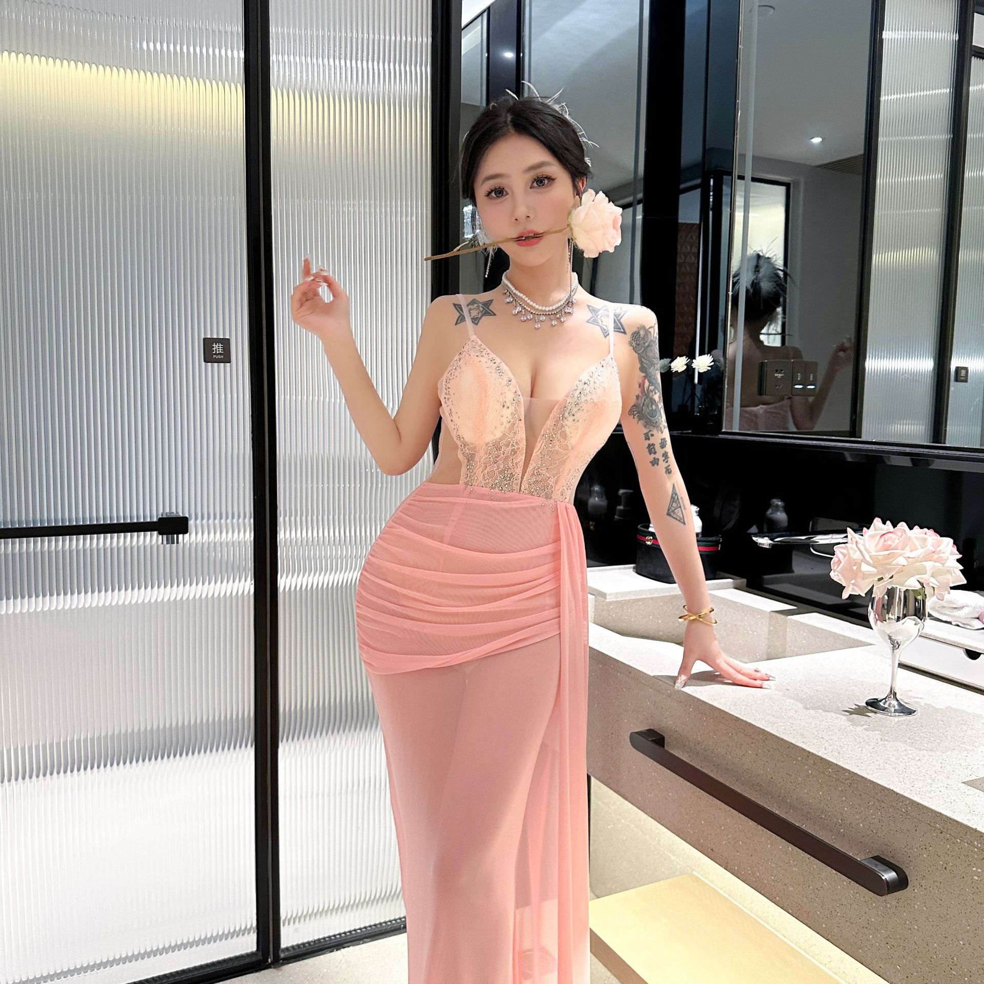 Night Sexy Foot Bath Massage Sauna Technician Work Clothes KTV Beauty Evening Dress Elegant suit Tulle Bar
