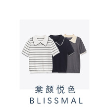 ZARO 自制 欧美风 新款针织衫百搭设计感翻领短袖条纹针织衫上衣