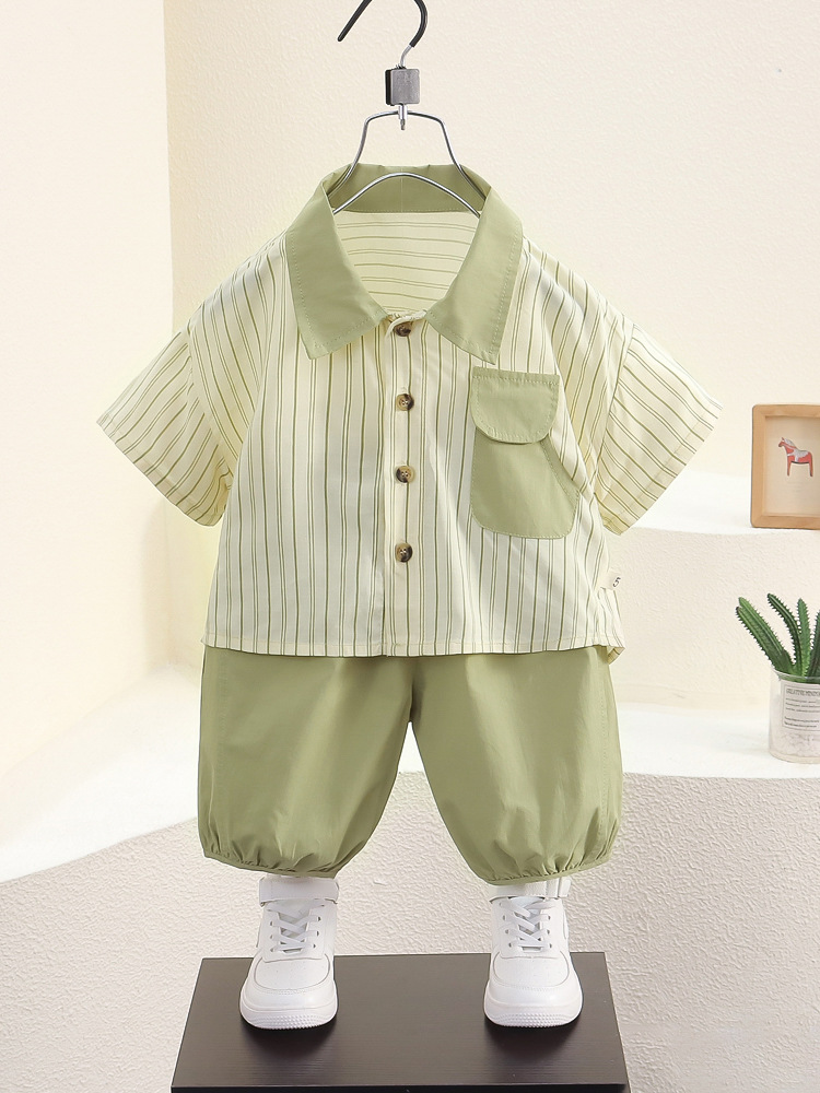 7926 traje de camisa de verano para niños, traje de dos piezas de manga corta fresco y guapo para niños 2024 nueva moda de ropa de verano para bebés
