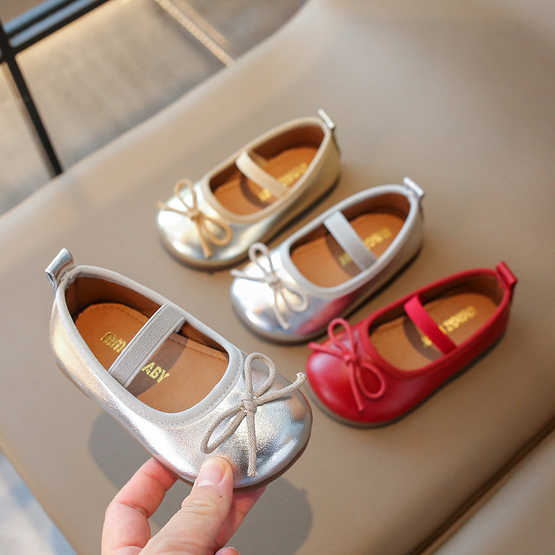 Girls' Leather Shoes South Korea Children's Shoes 2025 Spring and Autumn Western-style Sweet Baby Soft-soled Ballet Shoes Children's silver Shoes
