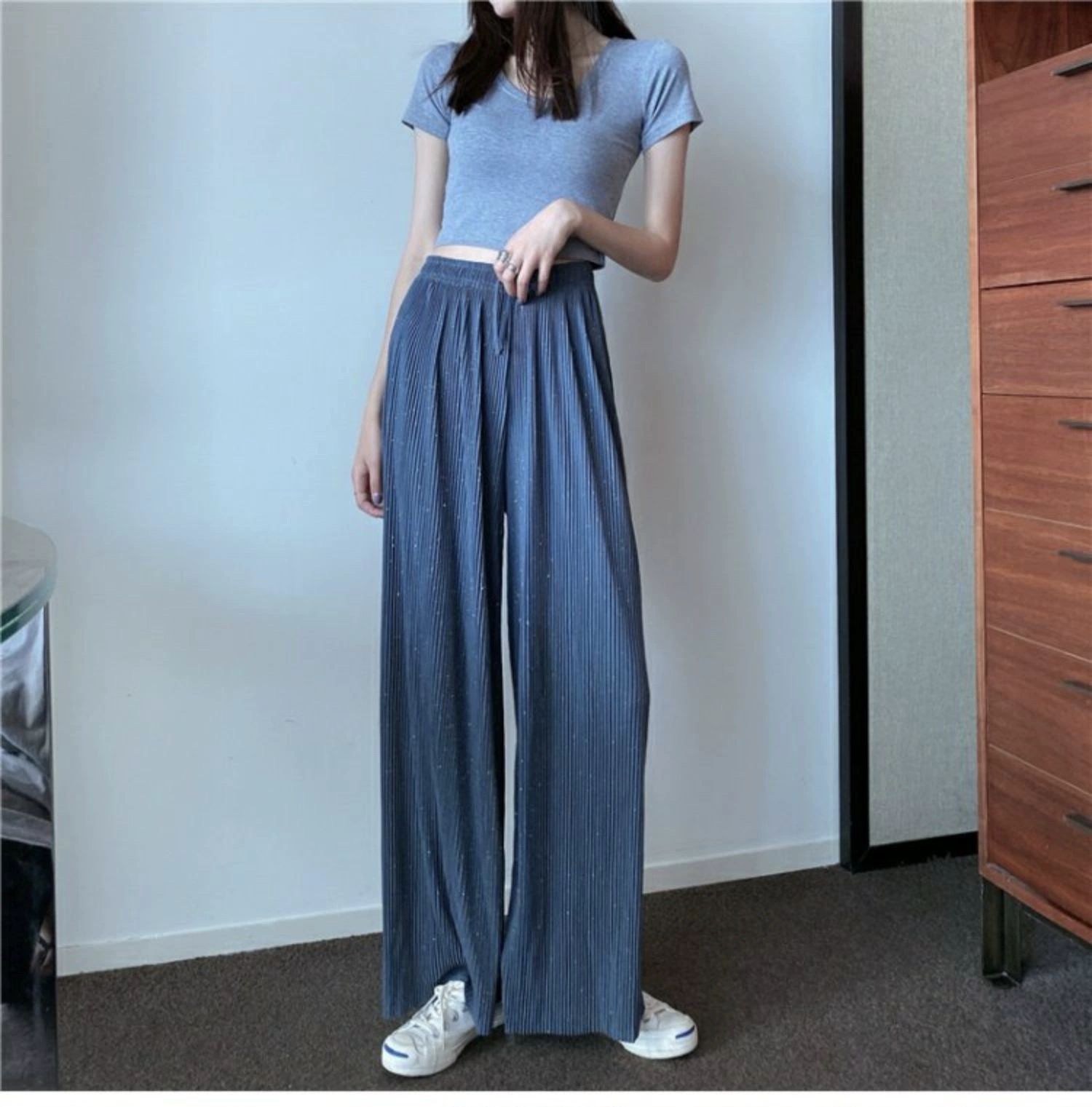 Pleated Wide-Leg Trousers, Starry Sky Print, One Size, Elastic Waist Drawstring