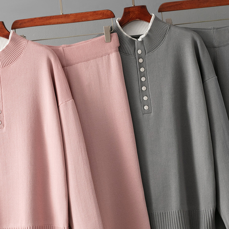 Damen Strick Zweiteiler Set Mit Lockerem Pullover Und Weiter Hose_voghion.com