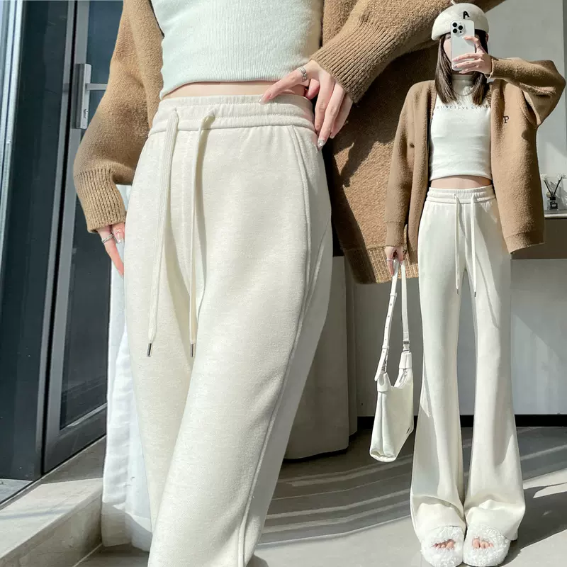秋冬窄版加厚微喇裤女2025新款高腰直筒喇叭裤羊绒休闲运动卫裤