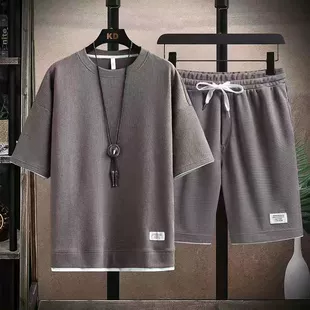 Комплект верх с коротким рукавом и брюки oversize, размеры M–5XL, текстура вафли, повседневный набор
