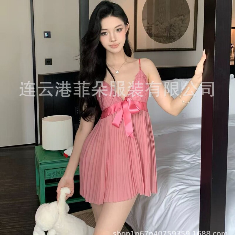 Sexy and Cute Bow Wrinkled Slimming Purple Women's Nightgown Summer Suspender Pajamas Home Wear Pure Desire