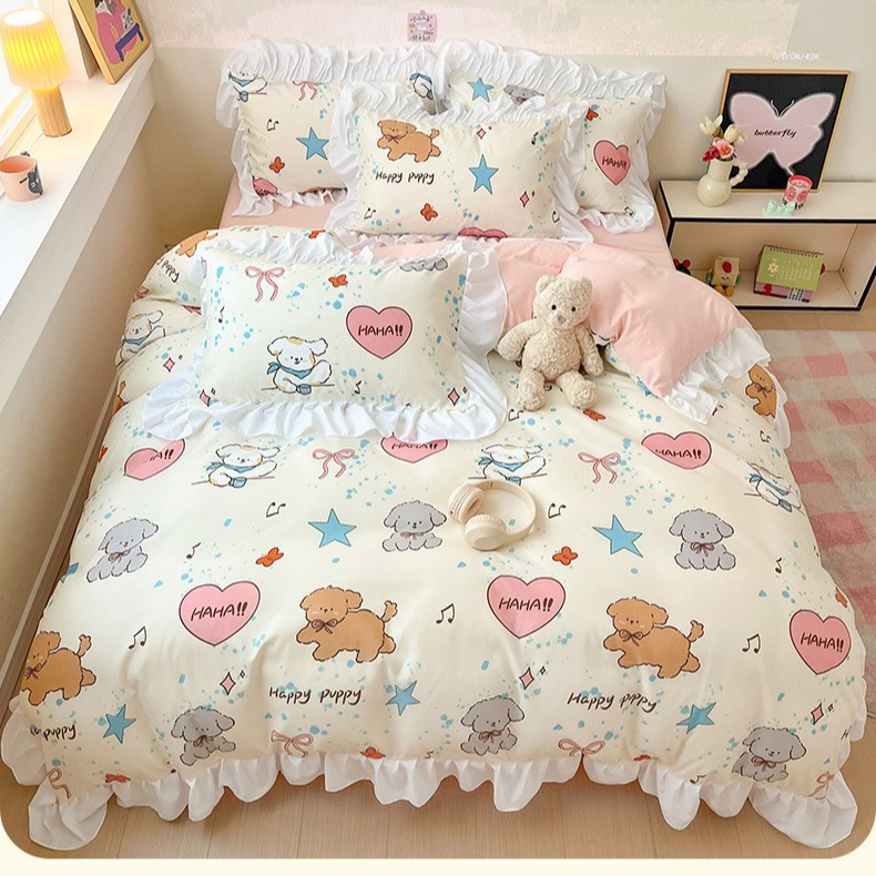 Juego de cama de encaje estilo princesa coreana de cuatro piezas 2025 funda de edredón ropa de cama de tres piezas para estudiantes y niñas