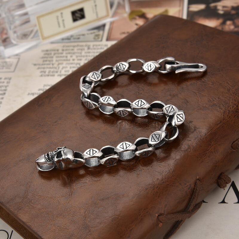 S925 sterling silver men's personalized skull motorcycle punk bracelet Thai silver retro hipster exaggerated rock style silver chain