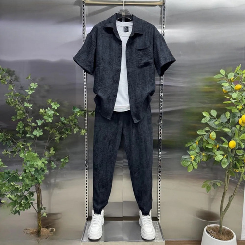 Men's 2025 Summer New Casual Set: Collared Shirt and Long Pants Two-Piece Set, Comfortable and Versatile Sports Suit