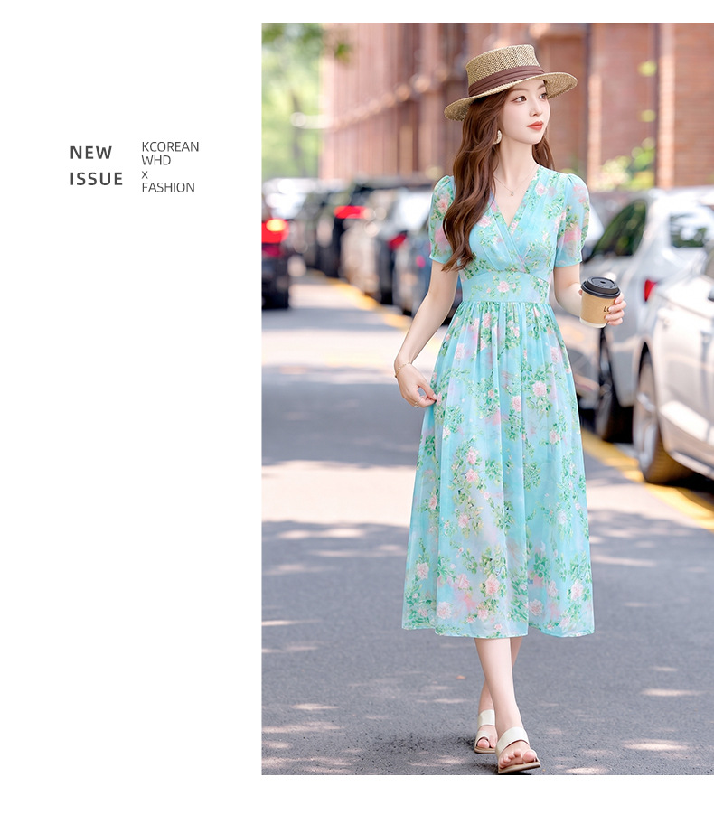 Đầm maxi nữ thắt eo họa tiết hoa nhí cổ V xếp ly tay ngắn — xanh lam, Màu hồng, màu vàng chi tiết 12
