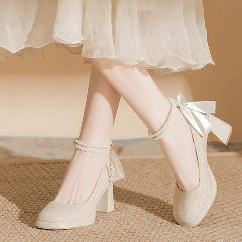Водонепроницаемые туфли Мэри Джейн на толстой подошве во французском стиле для миниатюрных женщин, основные свадебные туфли с жемчужным ремешком и массивными высокими каблуками.