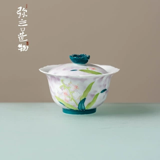 弥言新款手绘铃兰花陶瓷盖碗手工花口泡茶碗不烫手功夫茶具送闺蜜