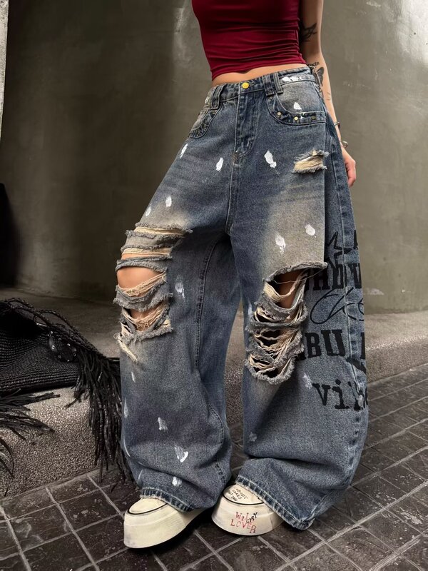 BeerBro celebrity-style punk ripped and splattered ink print distressed loose-fitting slimming wide-leg jeans BeerBro celebrity-style punk ripped and splattered ink print distressed loose-fitting slimming wide-leg jeans