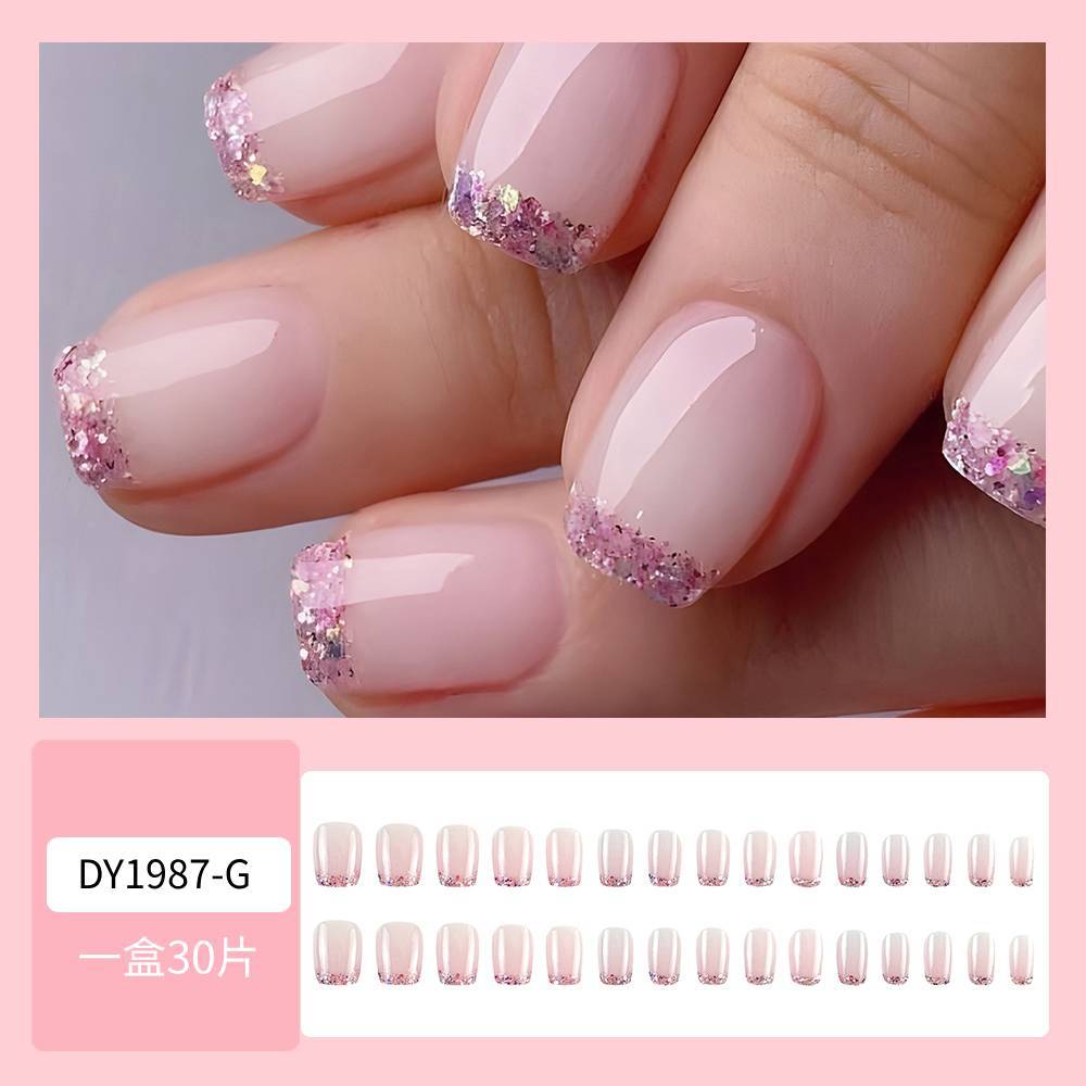 Comercio exterior mejor venta polvo brillante de manicura francesa dulce suave viento desgaste de uñas 30 piezas empaquetadas parches de uñas terminados