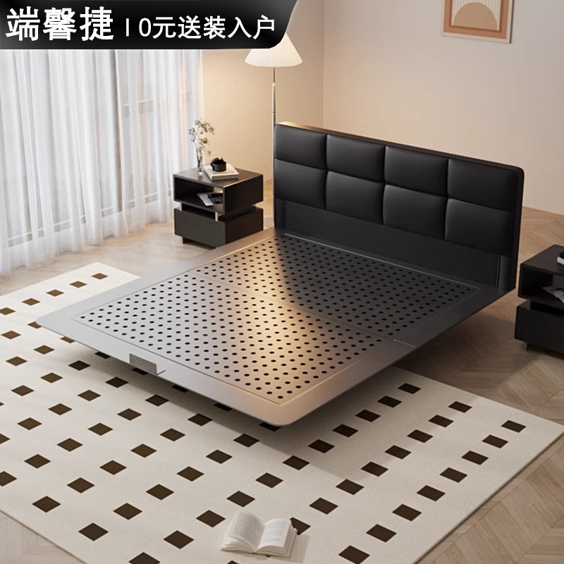 Cama de cuero negro inteligente retro negro de acero al carbono cama de suspensión cama doble de 1.8m Italia cama de cuero de acero minimalista