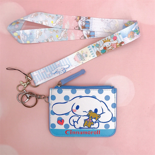 Cartoon jade cinnamon dog white dog PU card holder coin purse with keychain lanyard bus card access card ID holder