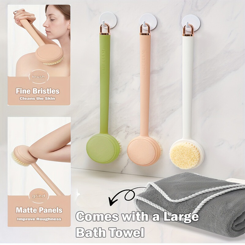 Luxury Bathroom Set Extra Large Bath Towel + 2 in 1 Replaceable Head Bath Brush and Body Scrubber Rice Gray Green