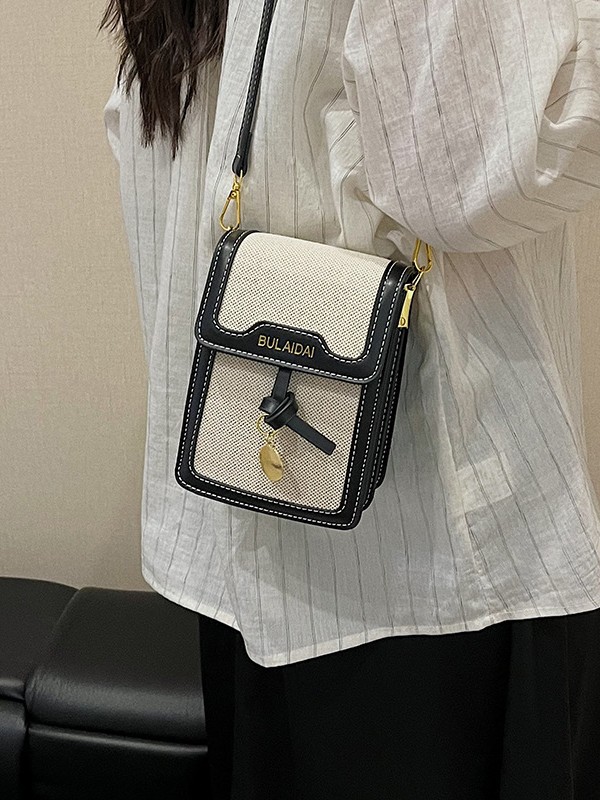 Bolso de teléfono móvil mensajero mujer 2025 comercio exterior transfronterizo sudeste asiático nuevo estilo lino contraste color costura moda pequeño bolso cuadrado