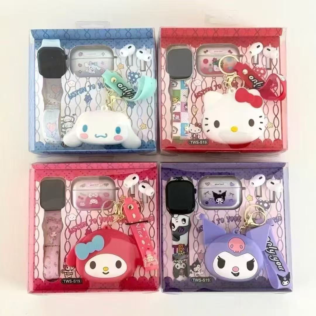 Tws-S19 Wireless Bluetooth Headset In-Ear Cute Cartoon Storage Bag with Led Watch Set