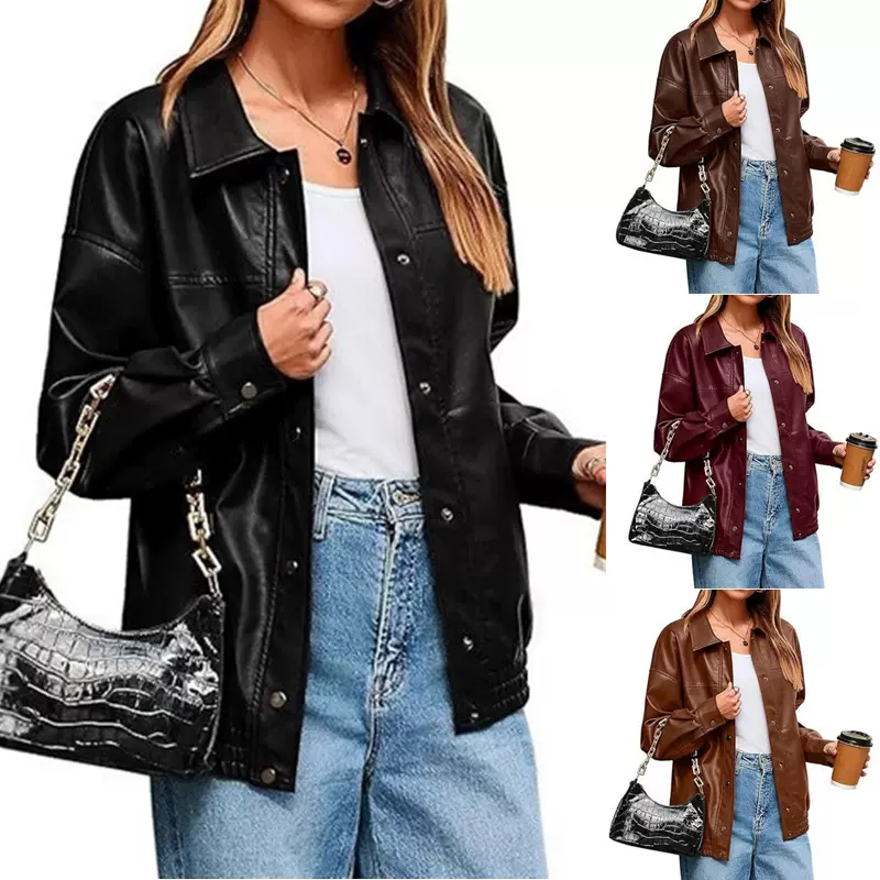 2025欧美跨境  PU皮机车夹克长袖翻领按扣侧口袋休闲风衣外套女装