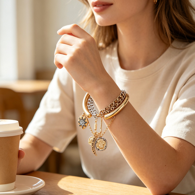 ZA vintage-style multi-layer metal bracelet with star, moon, octagonal star, and coin pendants, stackable bracelet, European and American heavy-duty accessories