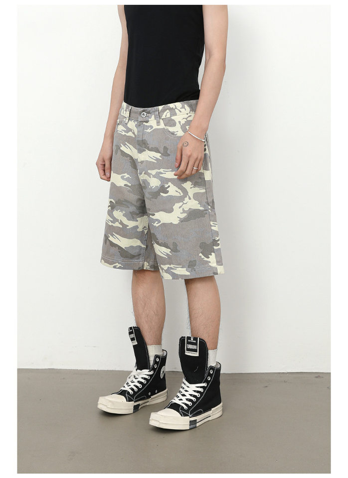 Quần short nam denim họa tiết rằn ri phong cách công sở đi biển — Màu trắng, Màu đen, Màu đất gỉ sét, Ngụy trang màu mơ chi tiết 15