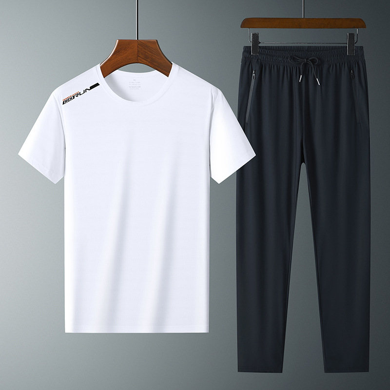 Moda pantalones de seda de hielo cuello redondo Camiseta de dos piezas para hombres talla grande suelta de secado rápido traje deportivo LOGO se puede formular