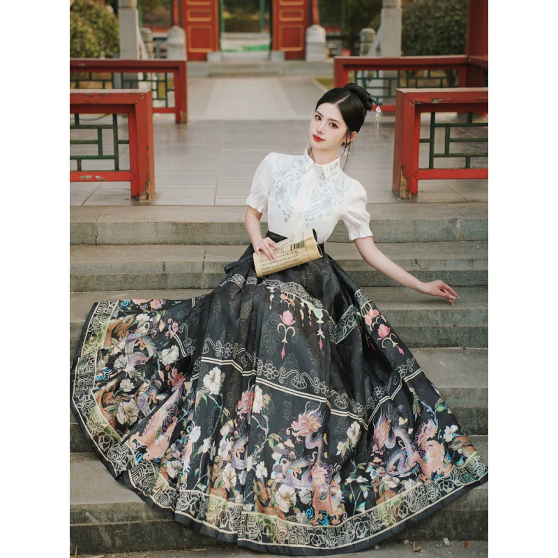 6522 настоящий выстрел китайский стиль Ханьфу Хань элемент вышитая рубашка с короткими рукавами Бронзовый жилет с рисунком дракона юбка костюм ценовой предел 40 +