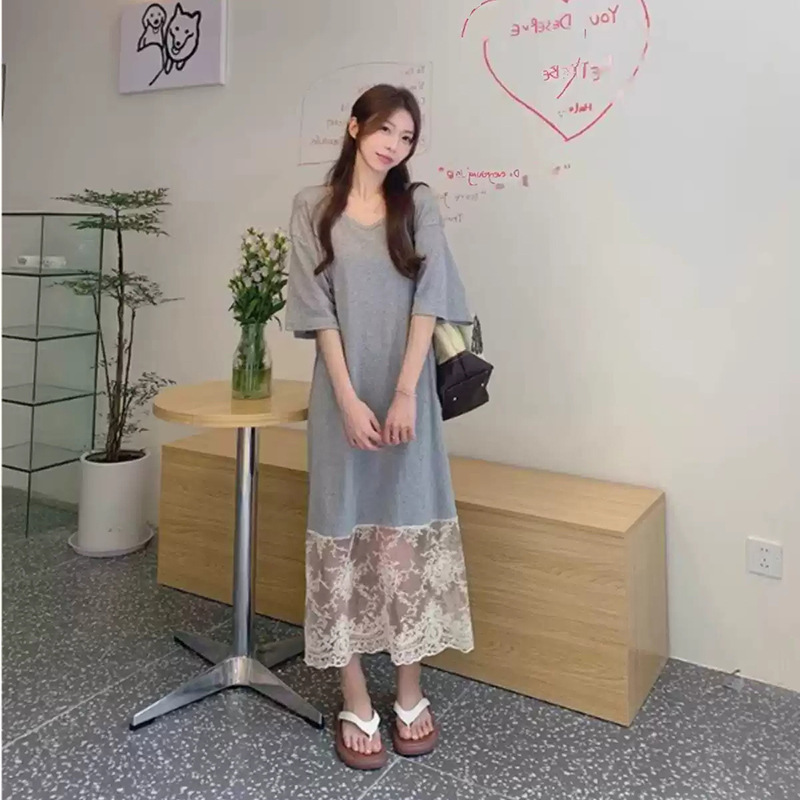 高级感下摆蕾丝拼接T恤裙300斤夏天胖MM气质休闲显瘦|undefined