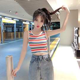 2025夏季新款彩虹条小背心女夏外穿内搭短款露脐打底无袖针织上衣